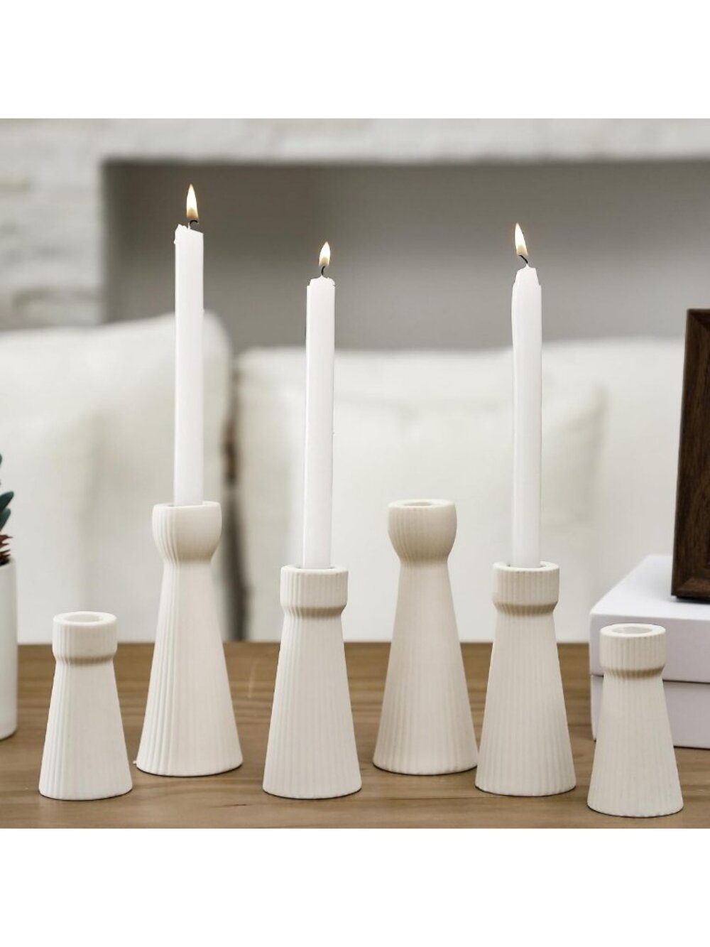Elegant White Ceramic Taper Candle Holders - Set of 6, Perfect for Home Decor